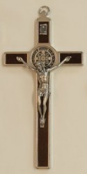 Croce-medaglia di San Benedetto in metallo intarsio legno