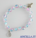 Bracciale elastico perle vetro bicolore turchese/rosa e medaglia miracolosa