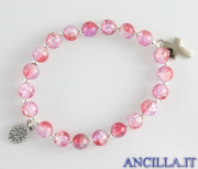 Bracciale elastico perle vetro bicolore rosso/rosa e medaglia miracolosa