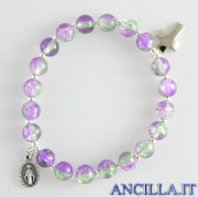 Bracciale elastico perle vetro bicolore verde/viola e medaglia miracolosa