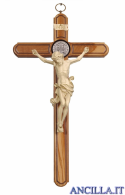 Croce di San Benedetto in legno d'ulivo con Cristo Leonardo filo oro
