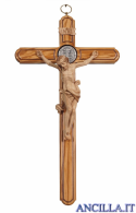 Croce di San Benedetto in legno d'ulivo con Cristo Leonardo brunito