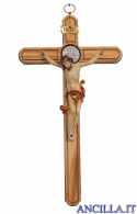 Croce di San Benedetto in legno d'ulivo con Cristo Leonardo colorato (rosso)