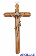 Croce di San Benedetto in legno d'ulivo con Cristo Leonardo colorato (blu)