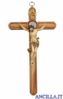 Croce di San Benedetto in legno d'ulivo con Cristo Leonardo anticato oro zecchino