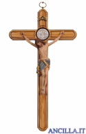 Croce di San Benedetto in legno d'ulivo con Cristo Siena anticato oro zecchino