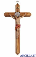 Croce di San Benedetto in legno d'ulivo con Cristo Siena colorato (rosso)