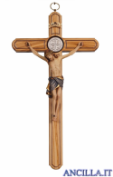 Croce di San Benedetto in legno d'ulivo con Cristo Siena colorato (blu)