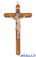 Croce di San Benedetto in legno d'ulivo con Cristo Siena naturale