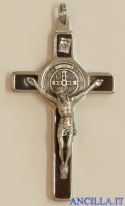 Croce-medaglia di San Benedetto in metallo intarsio legno tinta noce