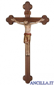 Cristo San Damiano finitura antica e manto oro su croce brunita barocca