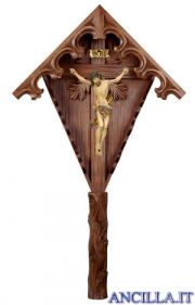 Croce da giardino in legno d'abete con Cristo anticato oro zecchino