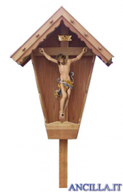 Croce da giardino in legno di larice con Cristo dipinto a olio