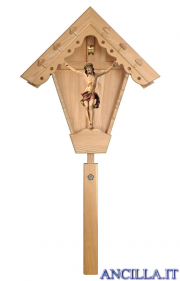 Croce da giardino in legno di larice con Crocifisso Nazareno dipinto a olio (rosso)