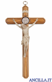 Croce di San Benedetto in legno d'ulivo con Cristo Siena filo oro