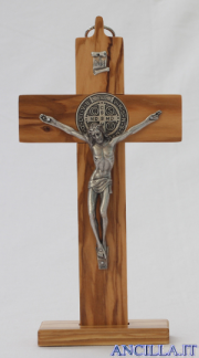 Croce Medaglia di San Benedetto in legno d'ulivo con base