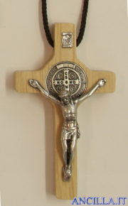 Croce-medaglia di San Benedetto in legno naturale