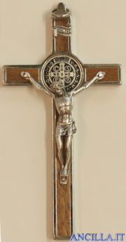 Croce-medaglia di San Benedetto in metallo intarsio legno naturale