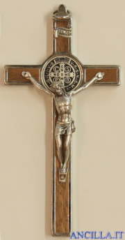 Croce-medaglia di San Benedetto in metallo intarsio legno naturale con base