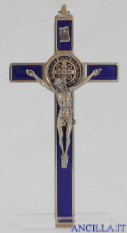 Croce-medaglia di San Benedetto in metallo intarsio smalto con base