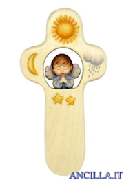 Croce per bambini "Angelo con veste azzurra che prega e sole"