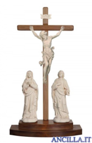 Gruppo di crocifissione Leonardo legno naturale con croce da appoggio diritta
