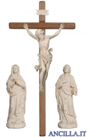 Gruppo di crocifissione Leonardo legno naturale con croce diritta