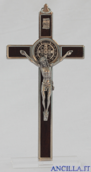 Croce-medaglia di San Benedetto in metallo intarsio legno tinta noce con base
