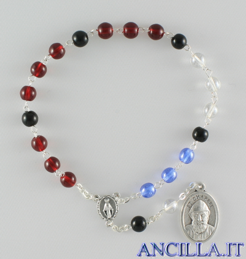 Rosario Di San Charbel In Vetro 5 Mm Con Opuscolo Multilingua | Realizzato In Italia | Grani Rossi, Azzurri E Trasparenti | Ciondolo San Charbel E Sacro Cuore